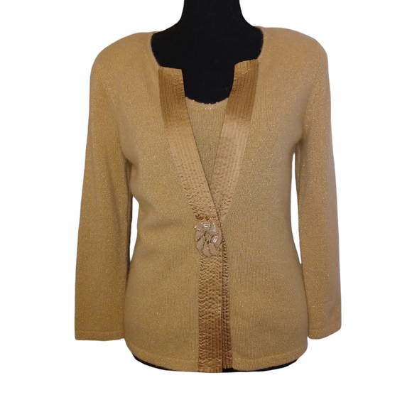 Sigrid Olsen Women's Cashmere Blend Gold Metallic 2 Pc Cardigan Twin Set Sz Sm - Picture 1 of 15